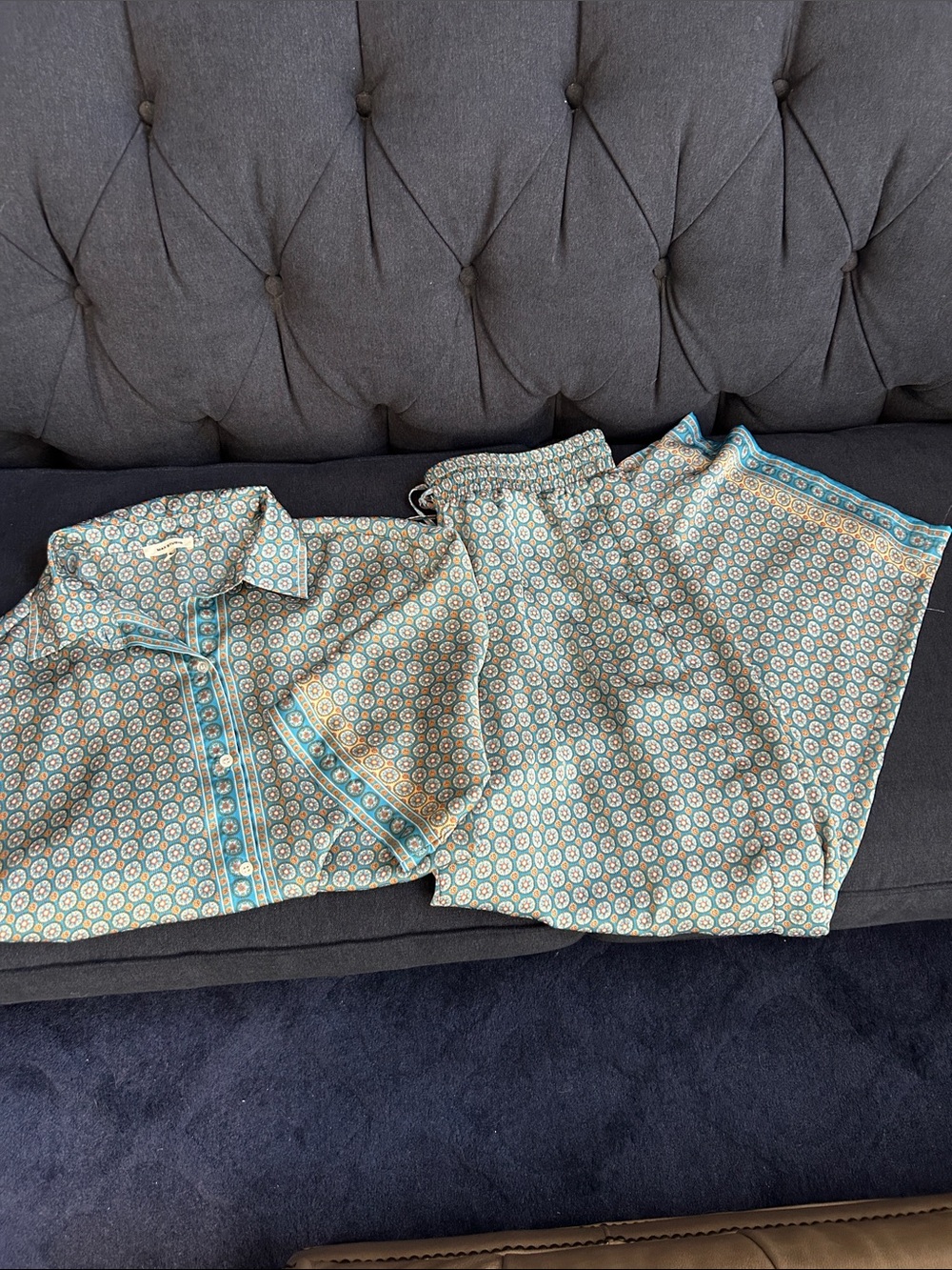 Max Studio Blue and Cream Patterned Button-Up Pajama Set